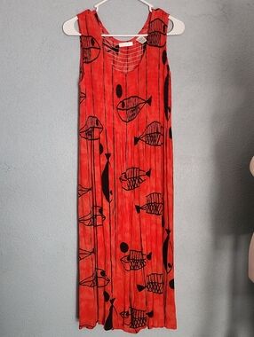 Sleeveless Orange Maxi Dress with Playful Black Fish Motif